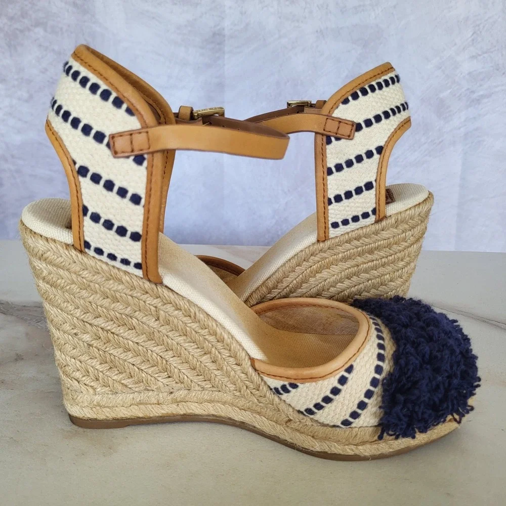 Tory Burch Shaw PomPom Wedge Espadrille Ankle Strap Sandals Size 6.5 Blue Stipe